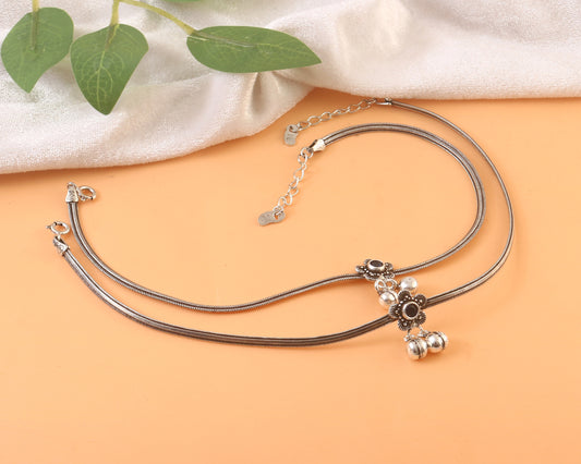 Oxidized 925 Silver Floral Anklet with Black Stone & Ghungroo Charms