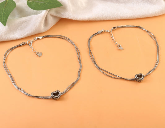 925 Silver Double Chain Anklet with Oxidized Heart Charm – Adjustable Women’s Foot Jewelry
