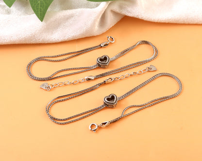 925 Silver Double Chain Anklet with Oxidized Heart Charm – Adjustable Women’s Foot Jewelry