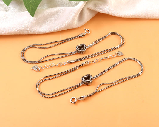 925 Silver Double Chain Anklet with Oxidized Heart Charm – Adjustable Women’s Foot Jewelry