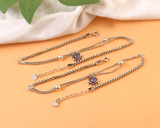 925 Silver Evil Eye Anklet with Purple Stone – Protective Boho Jewelry for Women