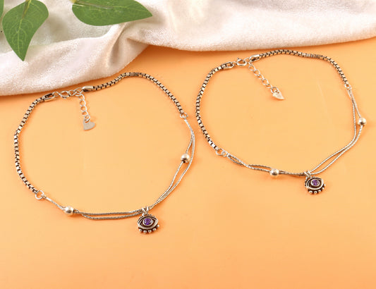 925 Silver Evil Eye Anklet with Purple Stone – Protective Boho Jewelry for Women
