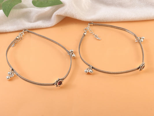Handmade 925 Sterling Silver Anklet with Red Stone & Ghungroo Charms – Traditional Oxidized Payal
