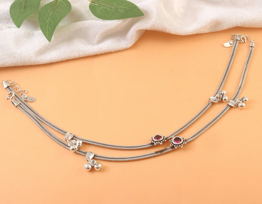 Handmade 925 Sterling Silver Anklet with Red Stone & Ghungroo Charms – Traditional Oxidized Payal