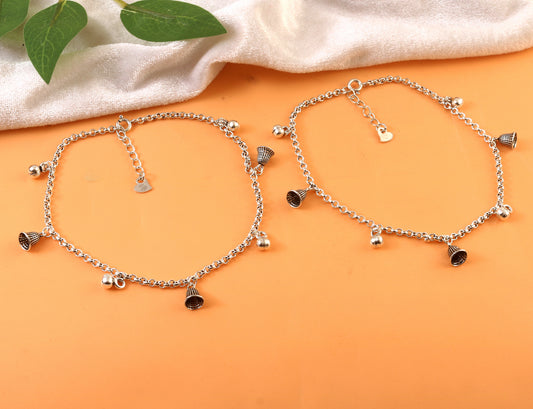925 Silver Anklet with Bell & Basket Charms | Handmade Oxidized Silver Payal for Women & Girls