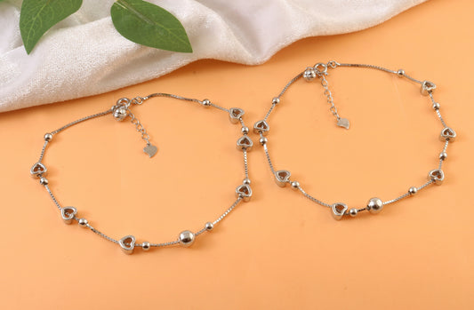 Sterling Silver Heart Charm Anklet – 925 Silver Adjustable Women’s Payal
