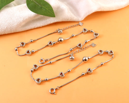 Sterling Silver Heart Charm Anklet – 925 Silver Adjustable Women’s Payal