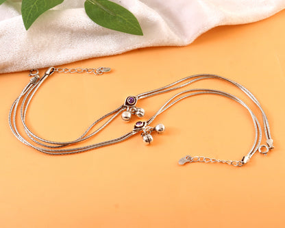925 Silver Anklet with Purple Stone & Double Layer Bells – Handmade Oxidized Payal