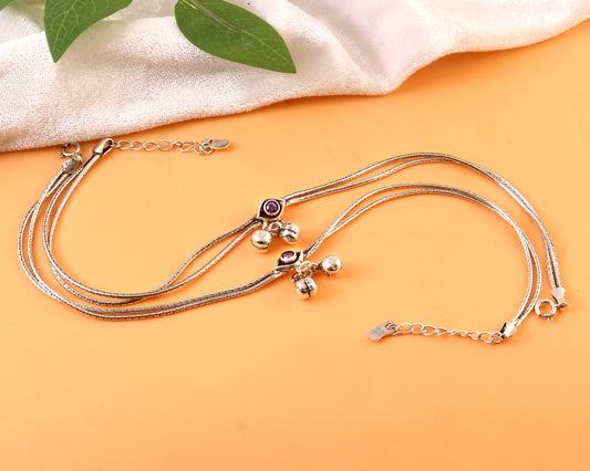 925 Silver Anklet with Purple Stone & Double Layer Bells – Handmade Oxidized Payal
