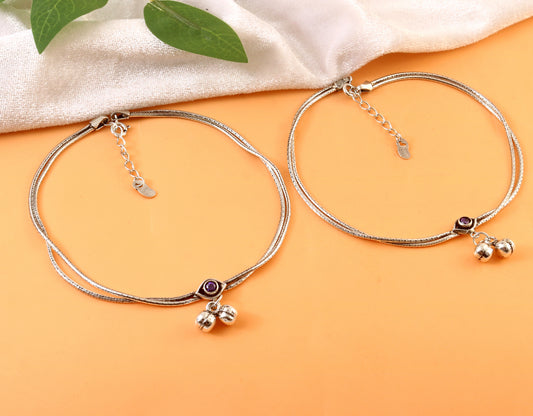 925 Silver Anklet with Purple Stone & Double Layer Bells – Handmade Oxidized Payal