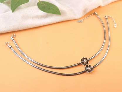 Sterling Silver Floral Anklet, 925 Silver Payal for Women, Indian Traditional Jewelry, Adjustable Silver Anklet, Handmade Gift