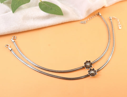 Sterling Silver Floral Anklet, 925 Silver Payal for Women, Indian Traditional Jewelry, Adjustable Silver Anklet, Handmade Gift