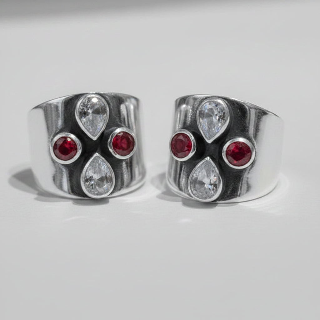 Neha Red & Clear Floral Wide Toe Rings (Large)