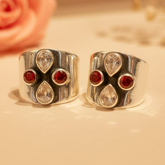 Neha Red & Clear Floral Wide Toe Rings (Large)