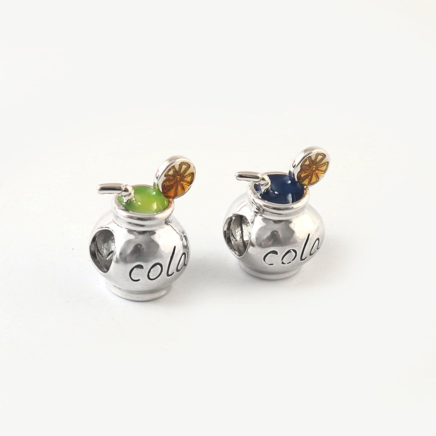Sterling Silver Cola Drink Charm Pendant with Enamel Lemon Slice – 925 Silver Beverage Jewelry