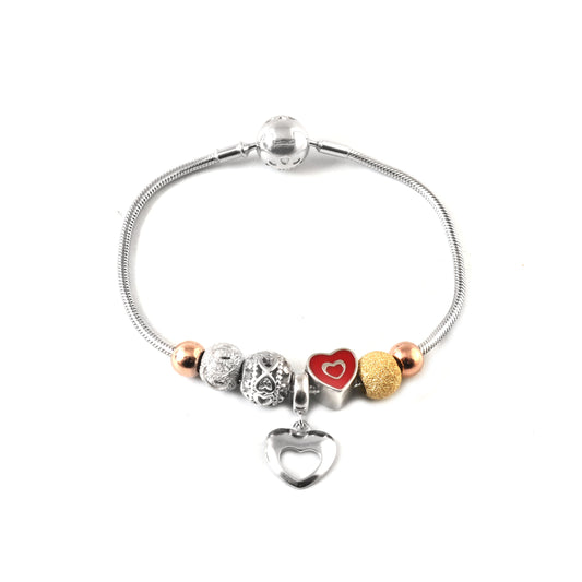 Scarlet Heart Sterling-Silver Snake-Chain Bracelet | Mixed-Metal Stardust & Open-Heart Charm