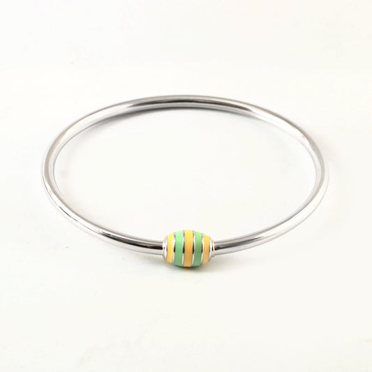 Sterling Silver Charm Bracelet Bangle with Yellow & Green Striped Enamel Charm Mechanism
