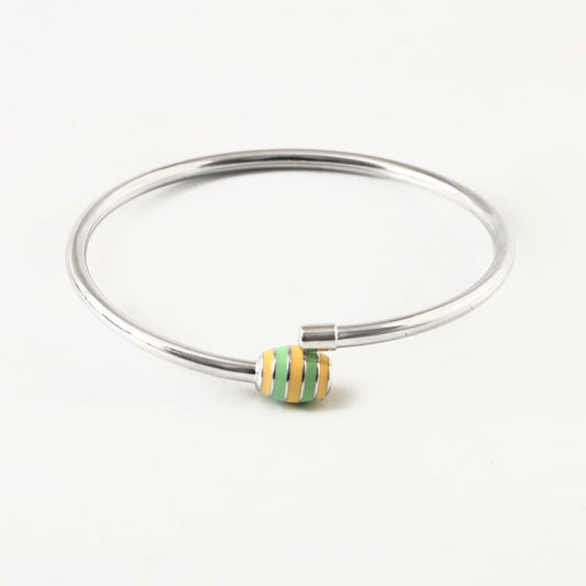 Sterling Silver Charm Bracelet Bangle with Yellow & Green Striped Enamel Charm Mechanism