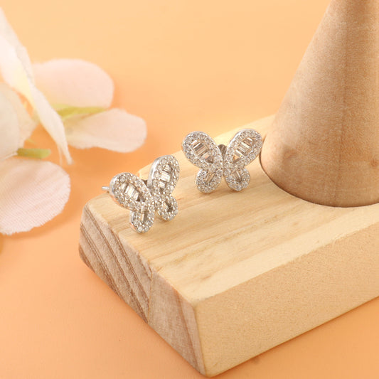 Butterfly Silver Stud Earrings – Sparkling CZ Baguette Butterfly Earrings for Women