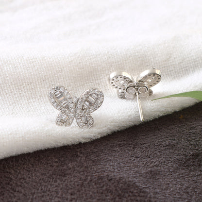 Butterfly Silver Stud Earrings – Sparkling CZ Baguette Butterfly Earrings for Women