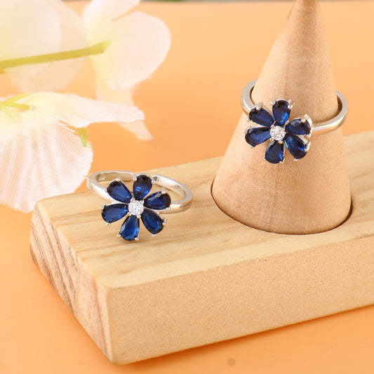 Blue Flower Silver Toe Ring | 925 Sterling Silver Adjustable Floral Toe Ring for Women