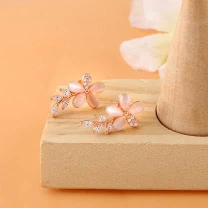 Rose Gold Floral Stud Earrings – Pink Petal Flower Earrings with CZ Leaf Detailing