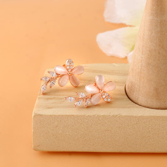 Rose Gold Floral Stud Earrings – Pink Petal Flower Earrings with CZ Leaf Detailing