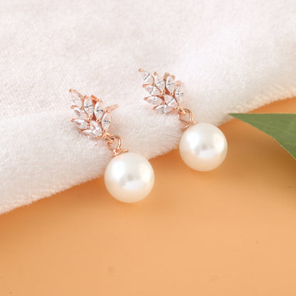 Rose Gold Pearl Drop Earrings – CZ Leaf Studs with Classic White Pearls