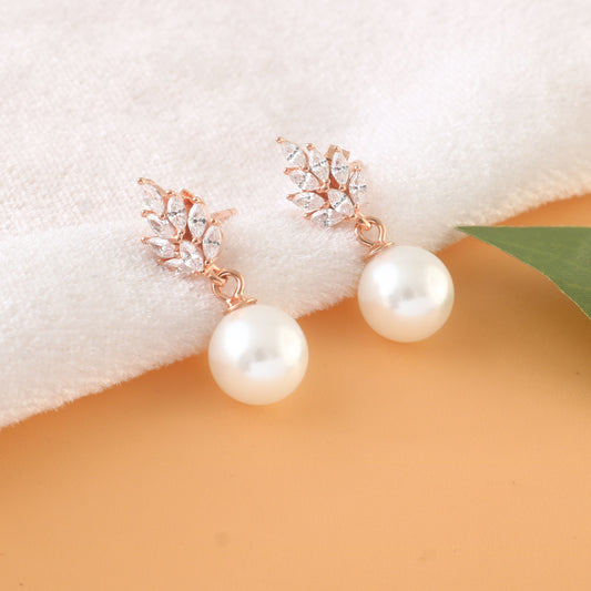Rose Gold Pearl Drop Earrings – CZ Leaf Studs with Classic White Pearls