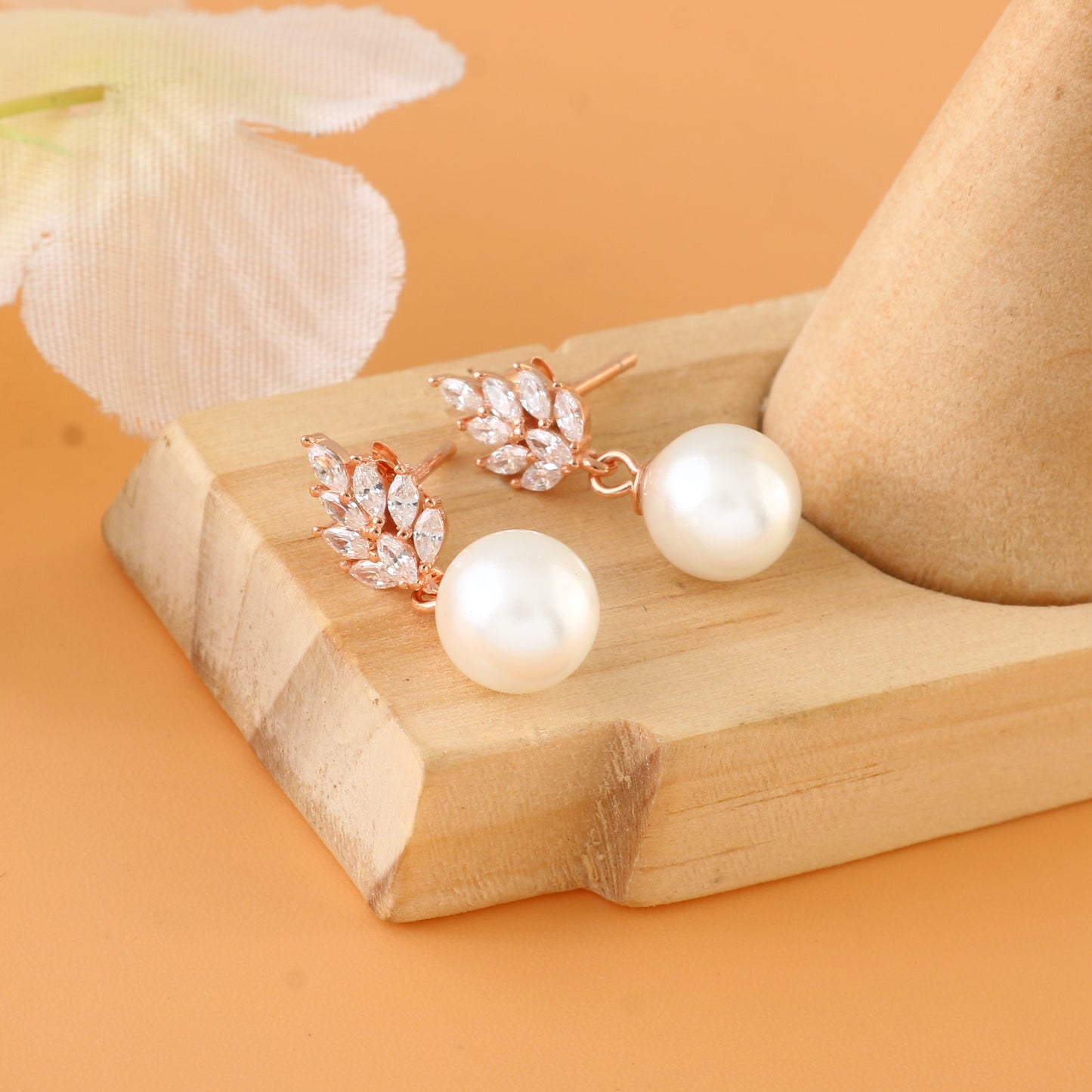 Rose Gold Pearl Drop Earrings – CZ Leaf Studs with Classic White Pearls