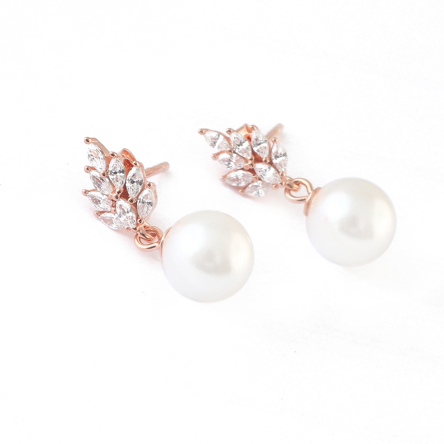 Rose Gold Pearl Drop Earrings – CZ Leaf Studs with Classic White Pearls