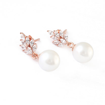 Rose Gold Pearl Drop Earrings – CZ Leaf Studs with Classic White Pearls