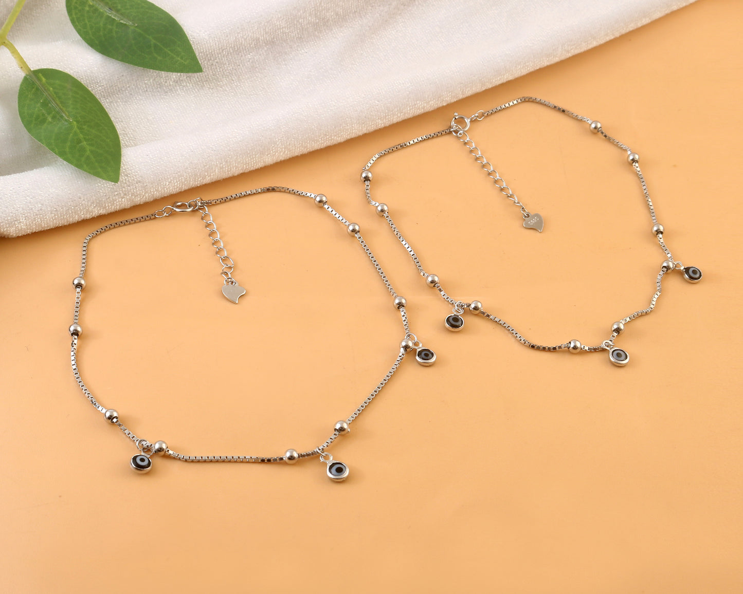 Silver Evil Eye Anklet | Adjustable Protection Anklet | Sterling Silver Beaded Jewelry