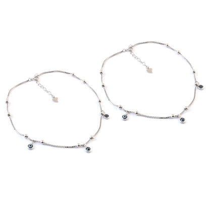 Silver Evil Eye Anklet | Adjustable Protection Anklet | Sterling Silver Beaded Jewelry