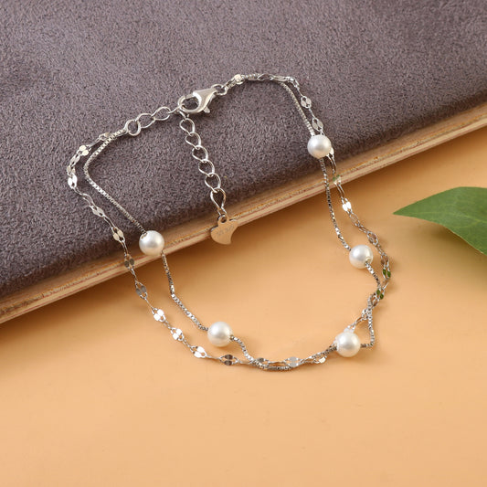 Silver Pearl Layered Bracelet | Double Chain Sterling Silver Bracelet | Elegant Jewelry for Women