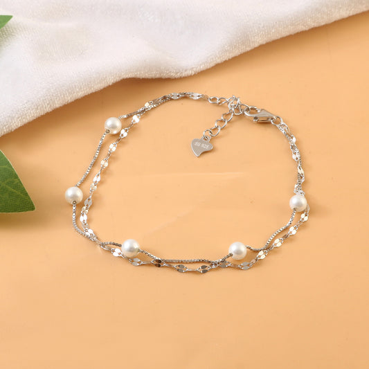 Silver Pearl Layered Bracelet | Double Chain Sterling Silver Bracelet | Elegant Jewelry for Women