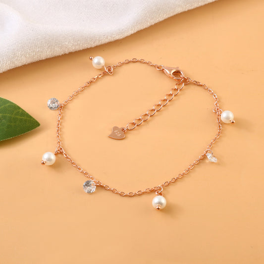 Rose Gold Pearl & CZ Dangle Bracelet | 925 Silver Chain Bracelet | Elegant Minimal Jewelry for Women