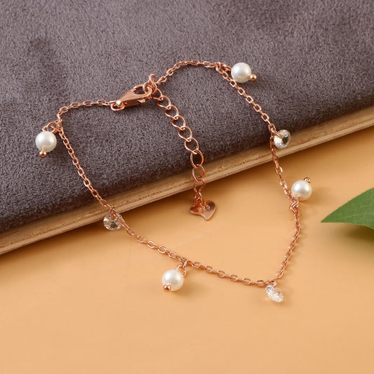 Rose Gold Pearl & CZ Dangle Bracelet | 925 Silver Chain Bracelet | Elegant Minimal Jewelry for Women