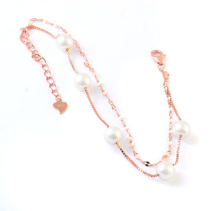 Rose Gold Double Chain Pearl Bracelet | 925 Silver Elegant Layered Bracelet for Women