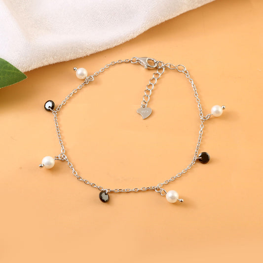 White Pearl & Black CZ Bracelet | 925 Silver Dainty Dual Charm Bracelet for Women
