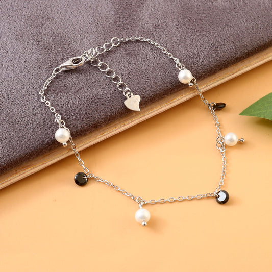 White Pearl & Black CZ Bracelet | 925 Silver Dainty Dual Charm Bracelet for Women