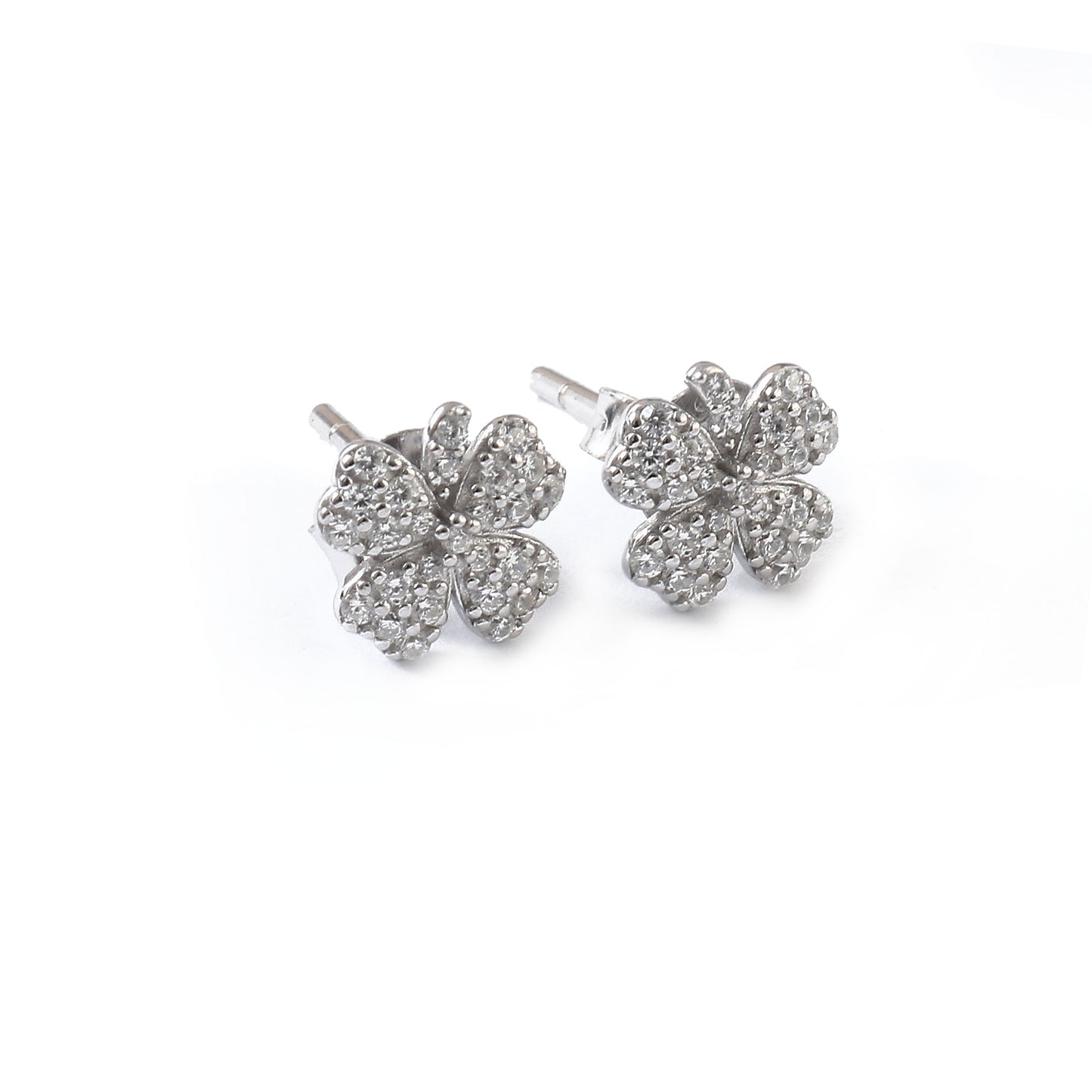 Four Leaf Clover Silver Stud Earrings – Dainty Lucky Charm Earrings with Sparkling CZ Stones