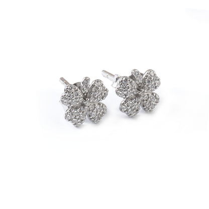 Four Leaf Clover Silver Stud Earrings – Dainty Lucky Charm Earrings with Sparkling CZ Stones