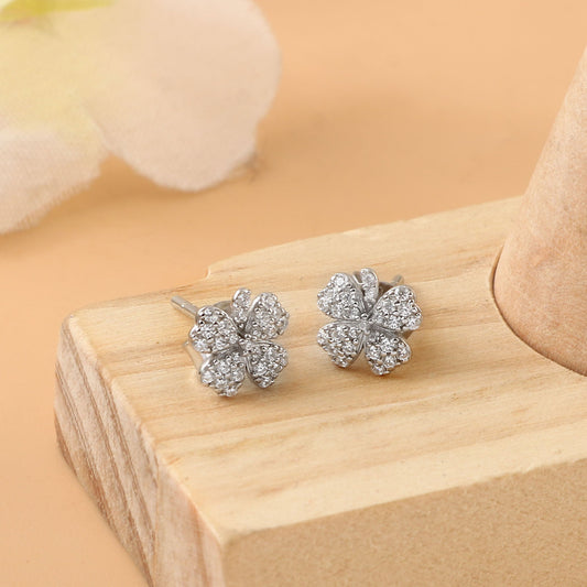 Four Leaf Clover Silver Stud Earrings – Dainty Lucky Charm Earrings with Sparkling CZ Stones
