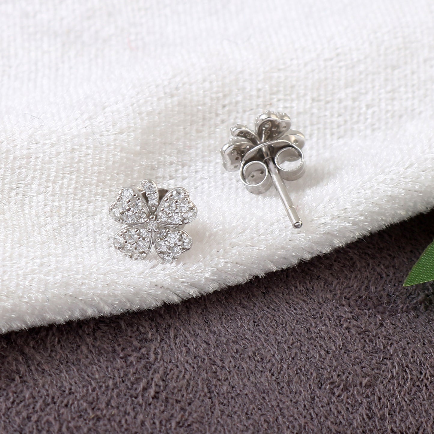 Four Leaf Clover Silver Stud Earrings – Dainty Lucky Charm Earrings with Sparkling CZ Stones