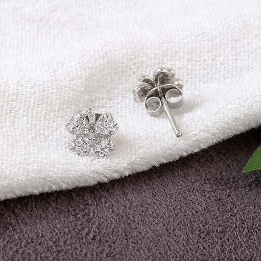 Four Leaf Clover Silver Stud Earrings – Dainty Lucky Charm Earrings with Sparkling CZ Stones