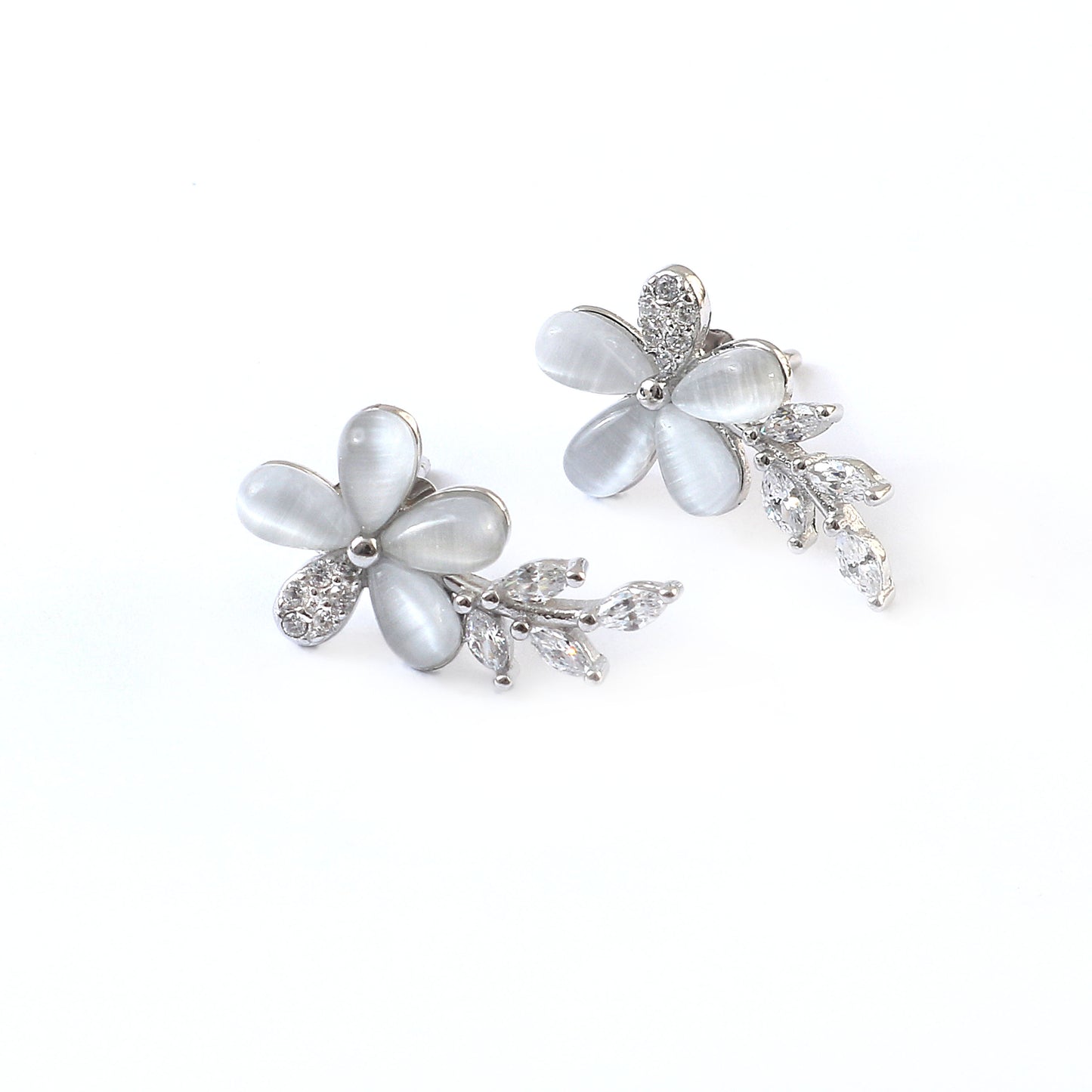 White Floral Silver Stud Earrings – Cat-Eye Petal Flower Earrings with CZ Leaf Detailing