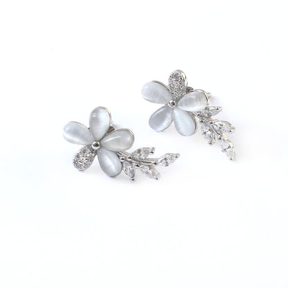 White Floral Silver Stud Earrings – Cat-Eye Petal Flower Earrings with CZ Leaf Detailing