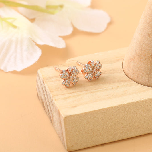 Rose Gold Clover Stud Earrings – Sparkling Four-Leaf CZ Earrings for Women