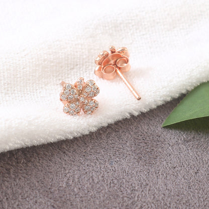 Rose Gold Clover Stud Earrings – Sparkling Four-Leaf CZ Earrings for Women